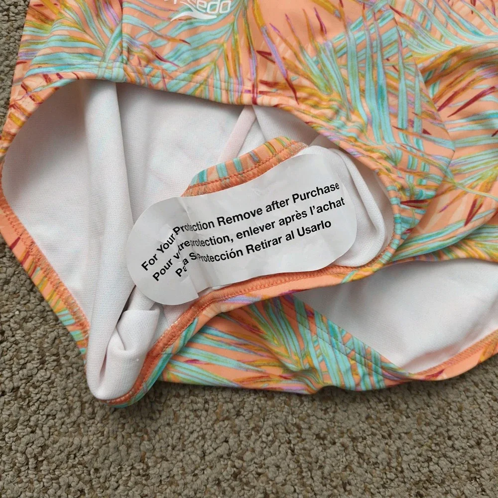Speedo Womens One Piece Swimsuit 12 Peach Tropical Palm Leaf Ruched V-Neck NWOT